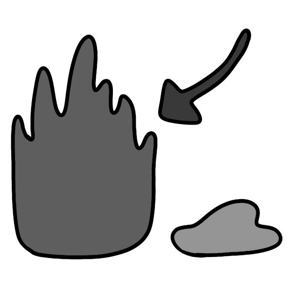 arrow pointing to gray blob with short tendrils reaching upwards with much smaller gloopy light gray blob beside it.